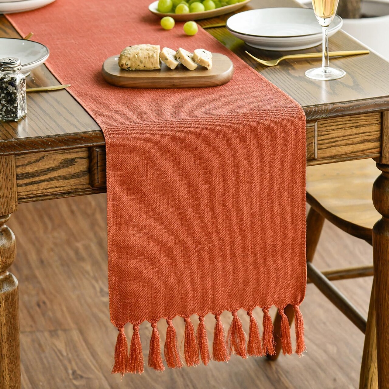 Terracotta Orange Tassel Table Runner, Fall Linen Blend (Black) 13x72 Inch